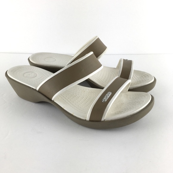CROCS Shoes - Crocs Tan/White Wedge Sandals Size 8